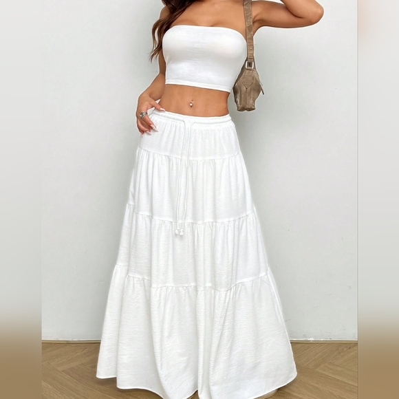 Tops - White Bandeau Woven Top & Long Bodycon Skirt Women's Slim Fit Set